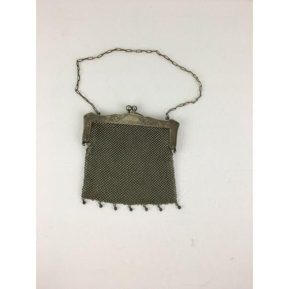 Antique Signed German Silver Mesh Purse Bag Ornate Frame Dangles NB Co Flapper - Picture 1 of 9